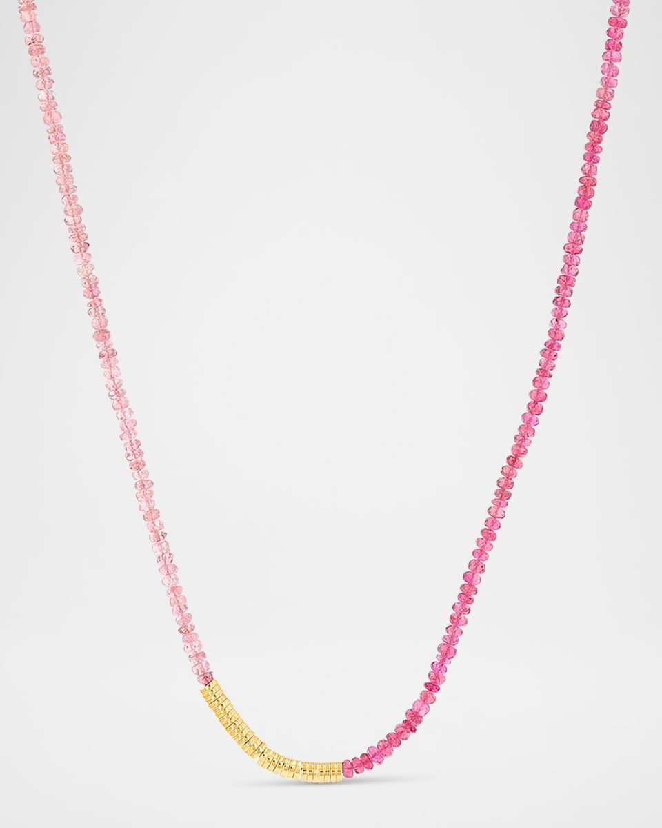 14K Yellow Gold Light and Dark Pink Tourmaline Skinny Bead Necklace